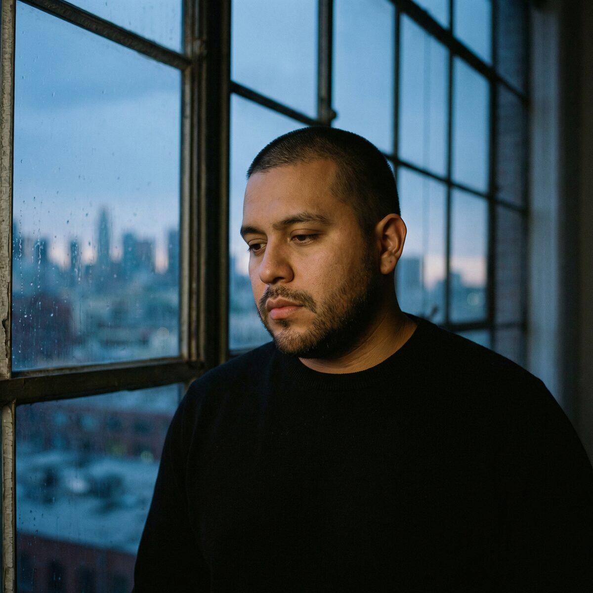 Hugo Thack — contemplative portrait by window at blue hour